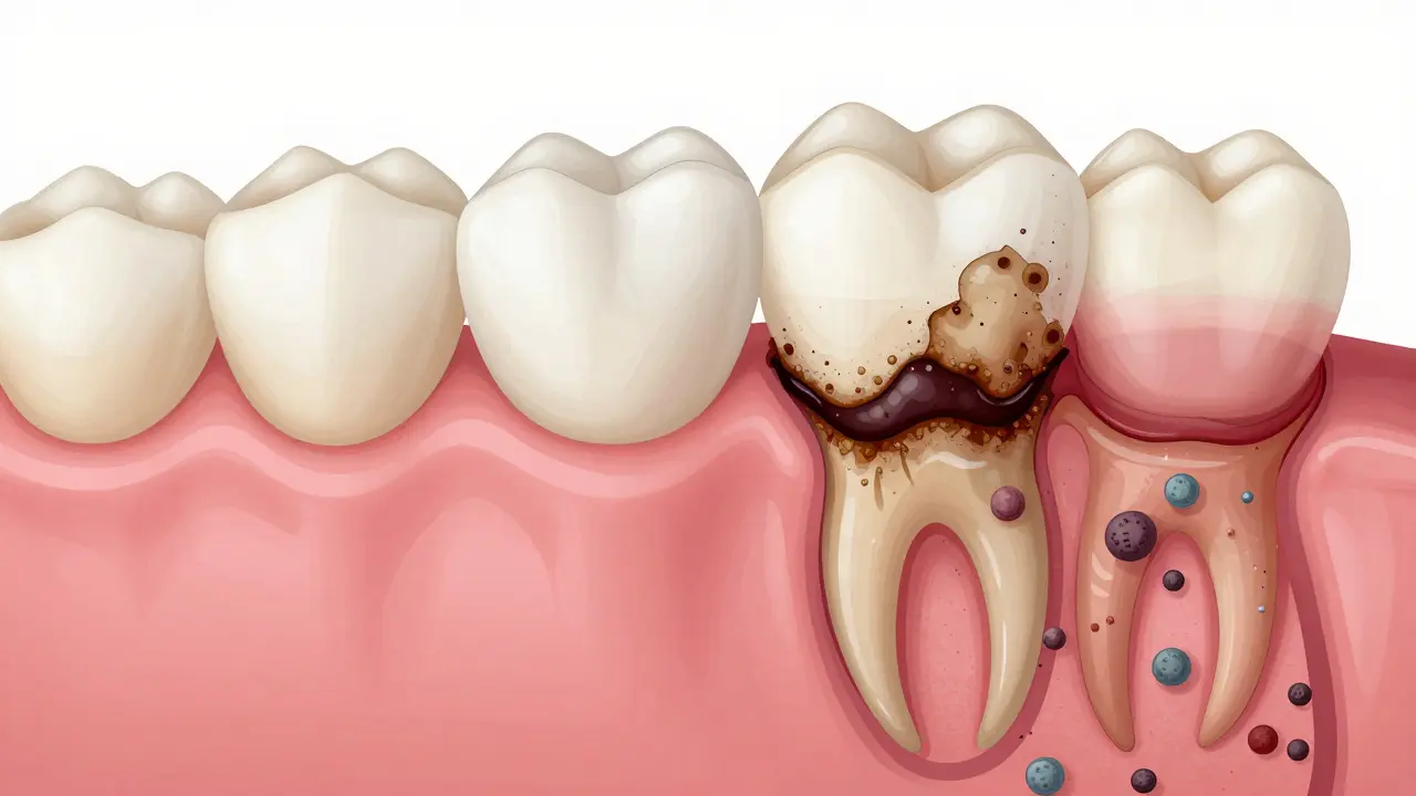 Porovnání zdravých a zánětlivých dásní s viditelným nárůstem zubního kamene a ztrátou kosti.