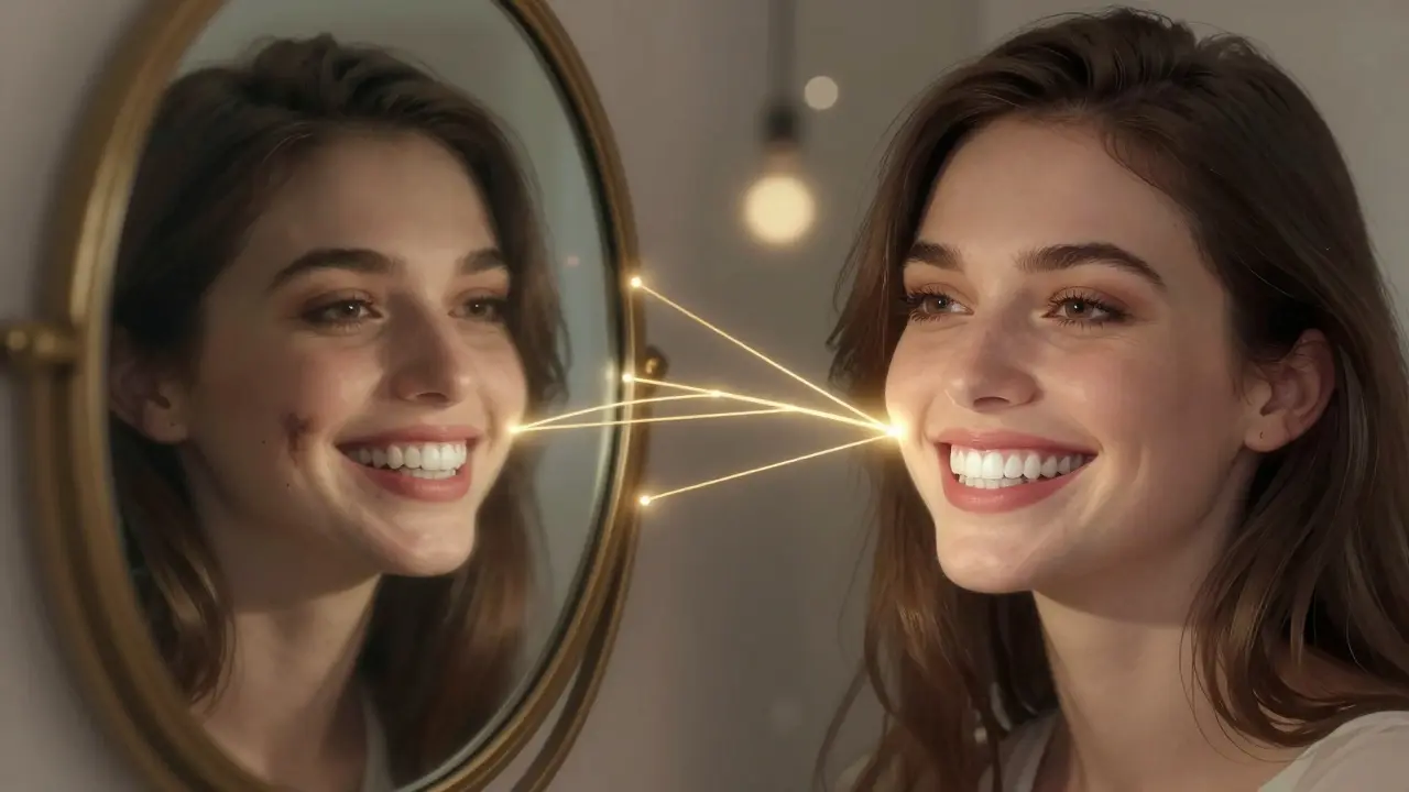 Před a po transformaci úsměvu: od tlumeného k zářivému, symbolizující změnu sebevědomí.