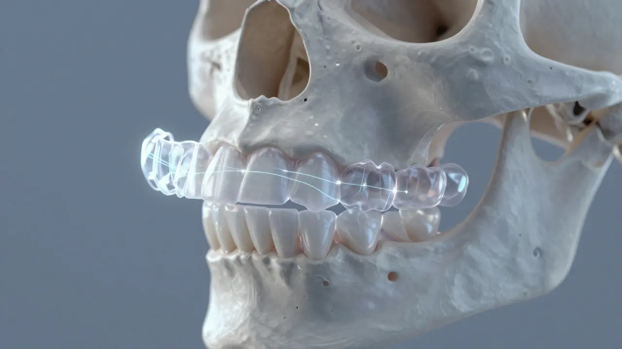 Přehled čelisti s postupným posunem zubů do správné polohy pomocí průhledných splátek.
