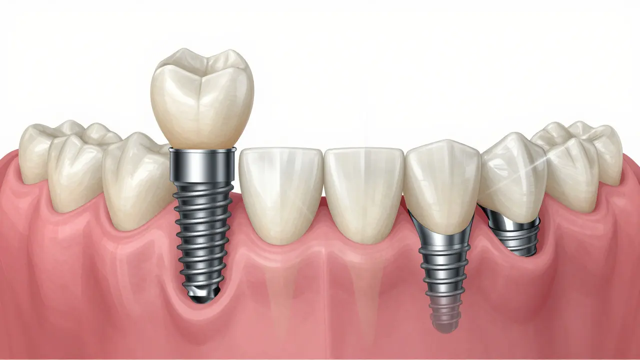 Side-by-side comparison of dental implant, bridge, and All-on-4 restoration on a jawbone.