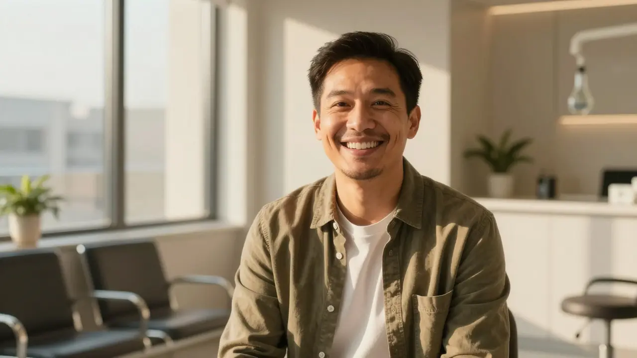 Spokojený pacient v ordinaci po konzultaci o úpravě chrupu