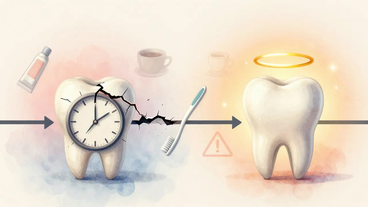 Symbolický obrázek ulomeného zubu s hodinami, které se mění v zdravý zub.