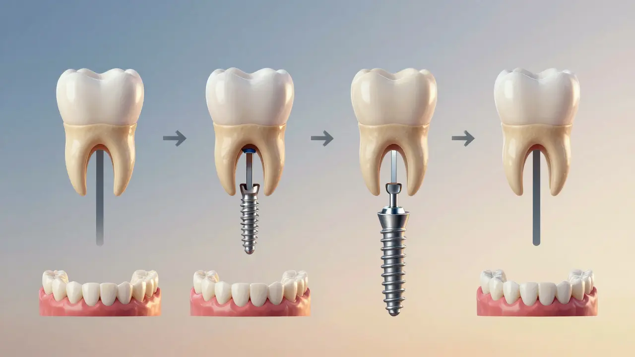 Timeline illustration showing dental reconstruction stages: extraction, bone graft, implant, and crown placement.