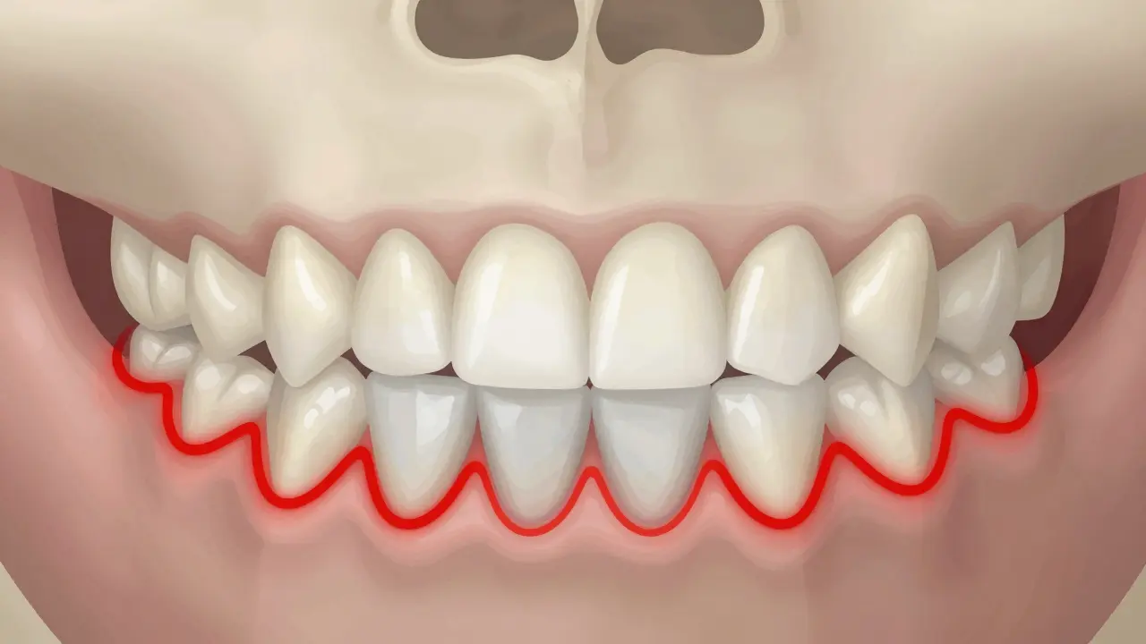 Zubní čelist s viditelnou ztrátou kosti kolem zubů kvůli parodontitidě.