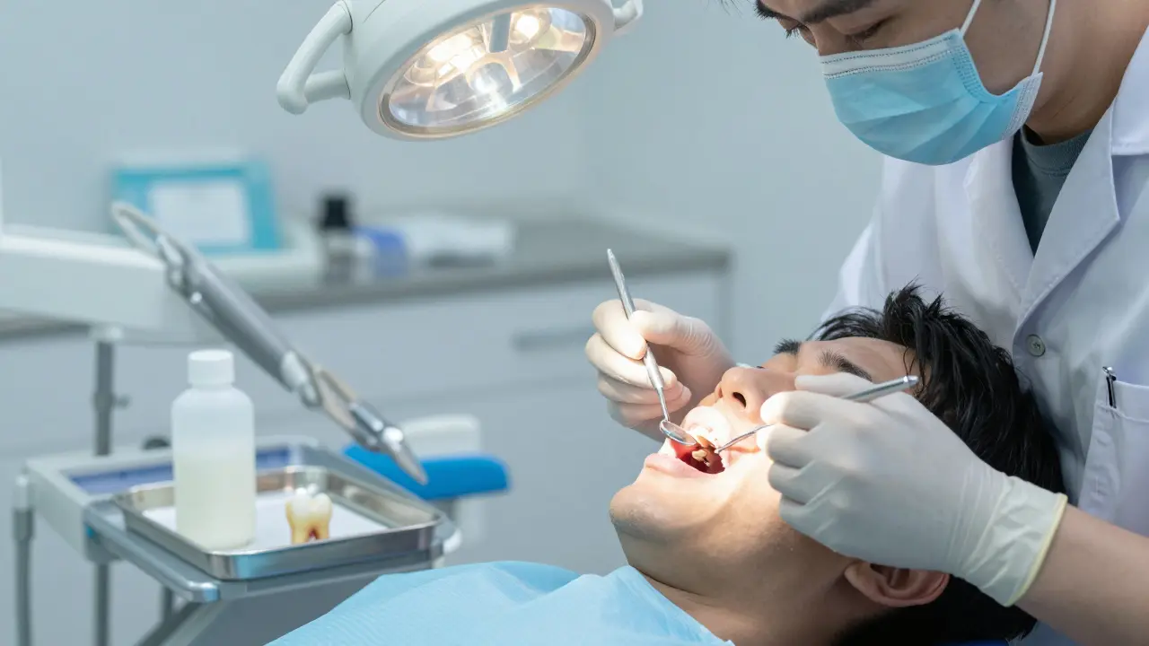 Zubní lékař prohlíží ulomený zub v klinice, vedle něj je sklenička s mlékem.