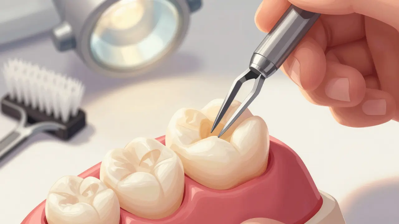 Zubní lékař tlačí nástroj do měkké kompozitní hmoty, zanechávající otisk na zubu.