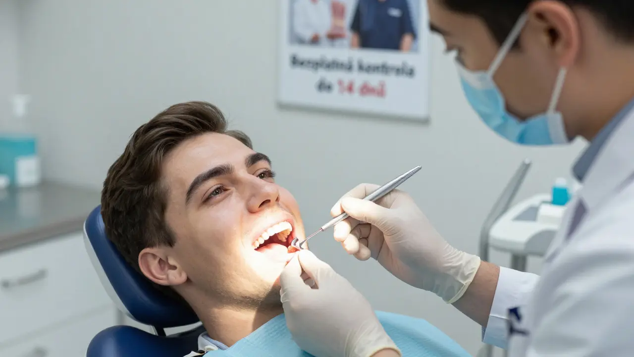 Zubní lékař v Brně jemně upravuje plombu, pacient v klidu, za ním plakát s informací o bezplatné kontrole.