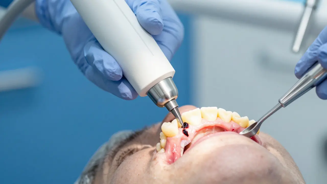 Zubní skler v akci při čištění zubního kamene ultrazvukovým přístrojem