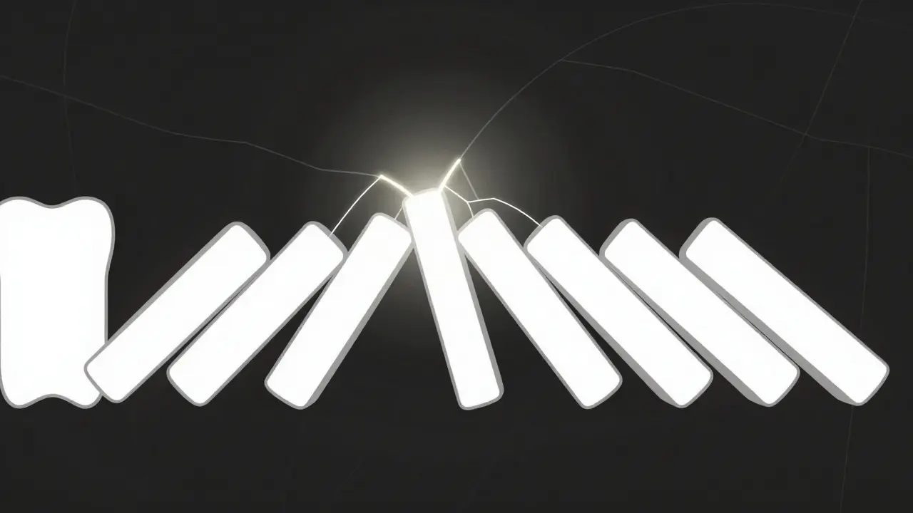 Zuby se posouvají do mezery jako dominové kameny v řetězové reakci.