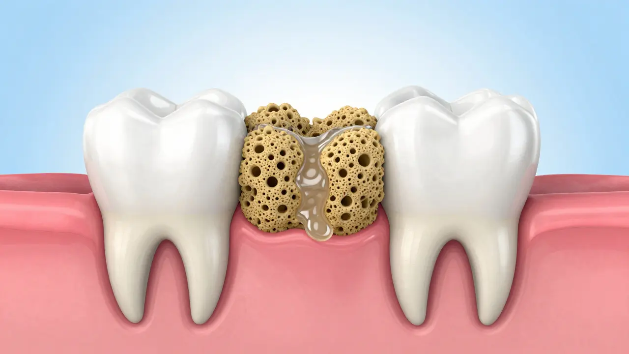 3D ilustrace procesu vzniku zubního kamene a recese dásní v parodontálním vreci.