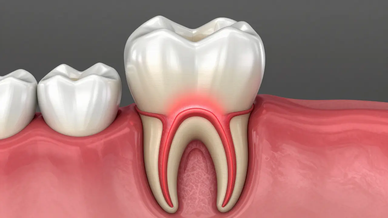 3D ilustrace průřezu zubu s novou plombou a podrážděnou pulpou.