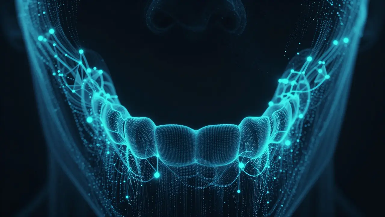 Abstraktní vizualizace zdravotních dat jako neónové čáry