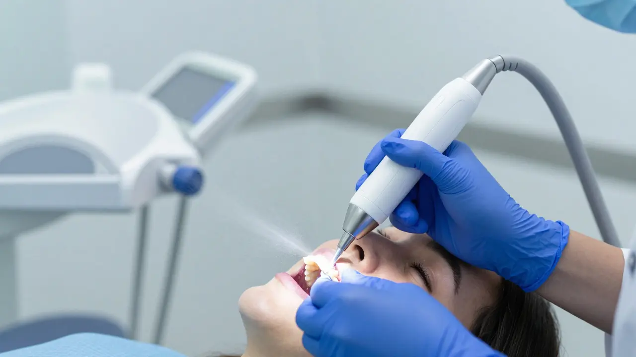 Dentální hygienistka provádí profesionální čištění zubů pomocí ultrazvuku a Airflow.