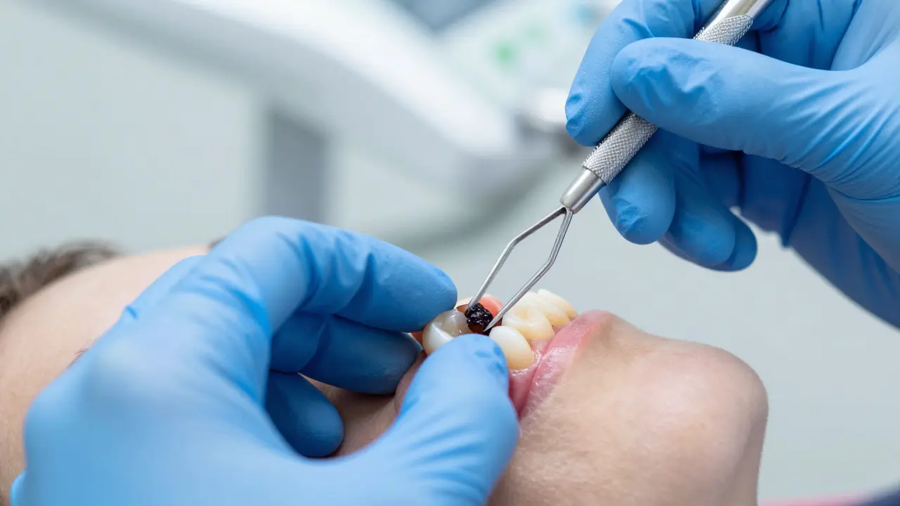 Detail profesionálního odstranění zubního kamene pomocí dentálního nástroje.