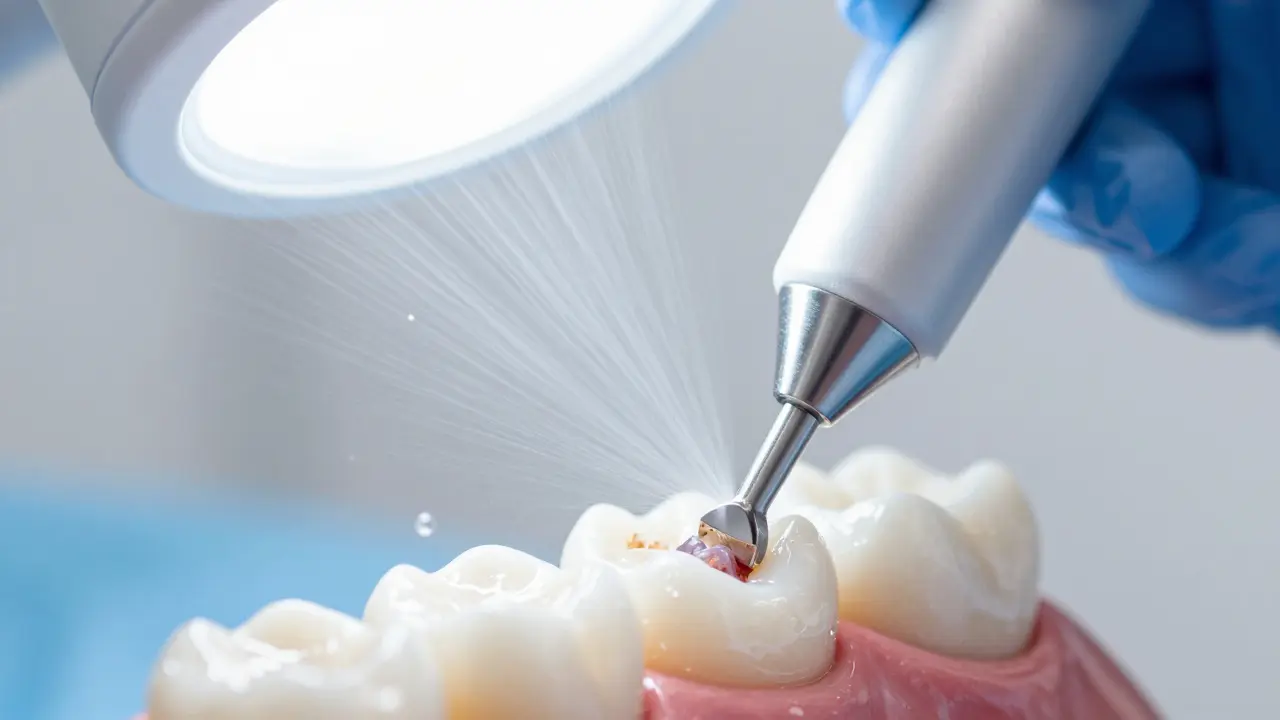 Detail profesionálního ultrazvukového čištění zubů od zubního kamene s proudem vody.