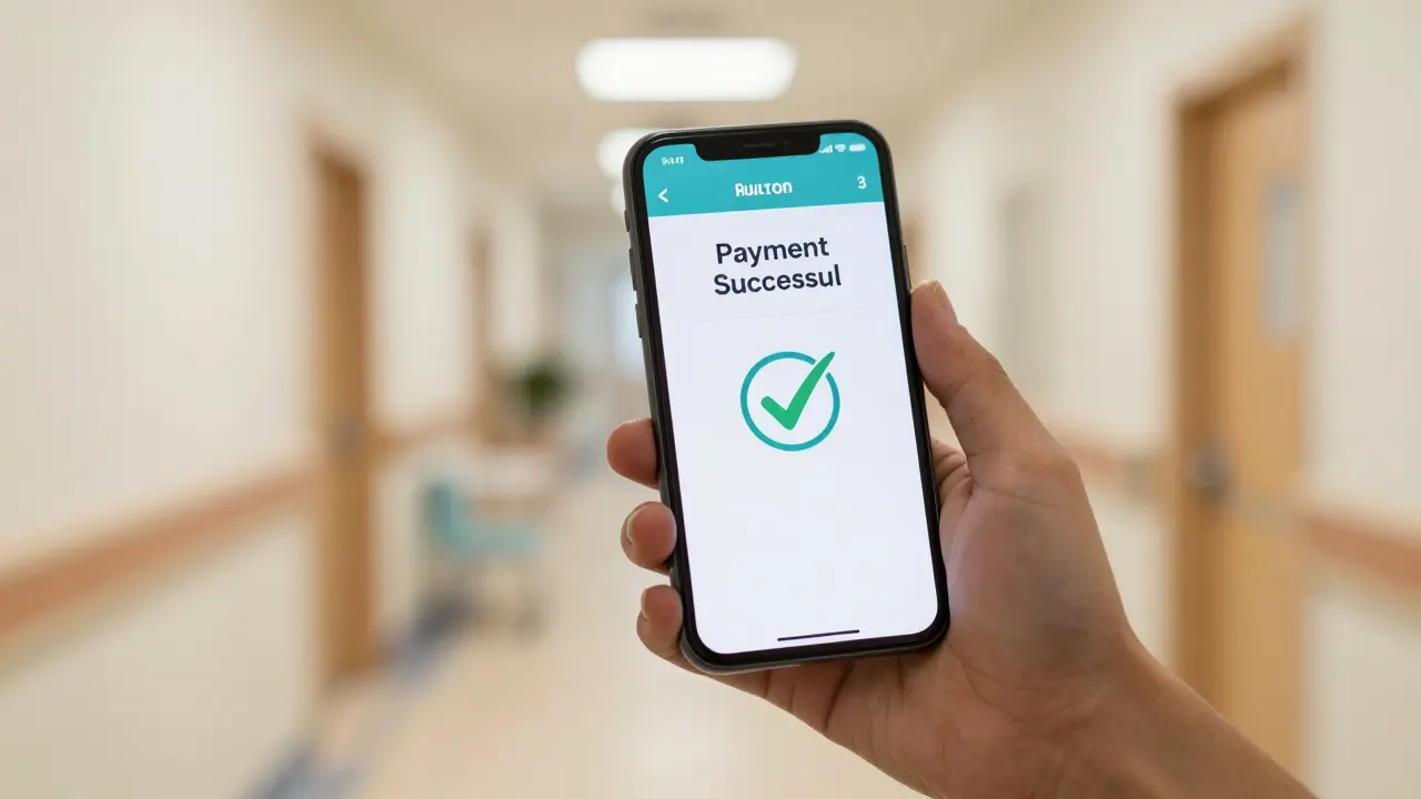 Detail ruky s potvrzením o platbě v mobilním telefonu v nemocnici.