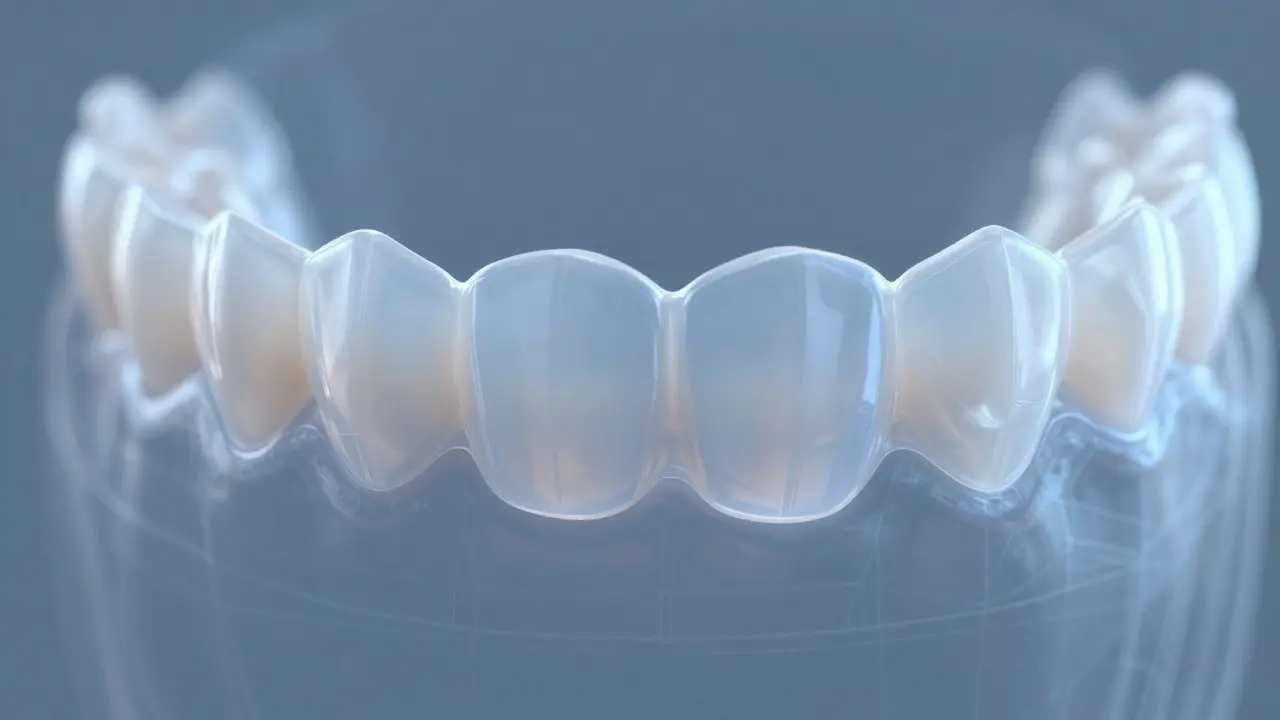 Detail ultra-tenké keramické fazety s futuristickým digitálním pozadím.