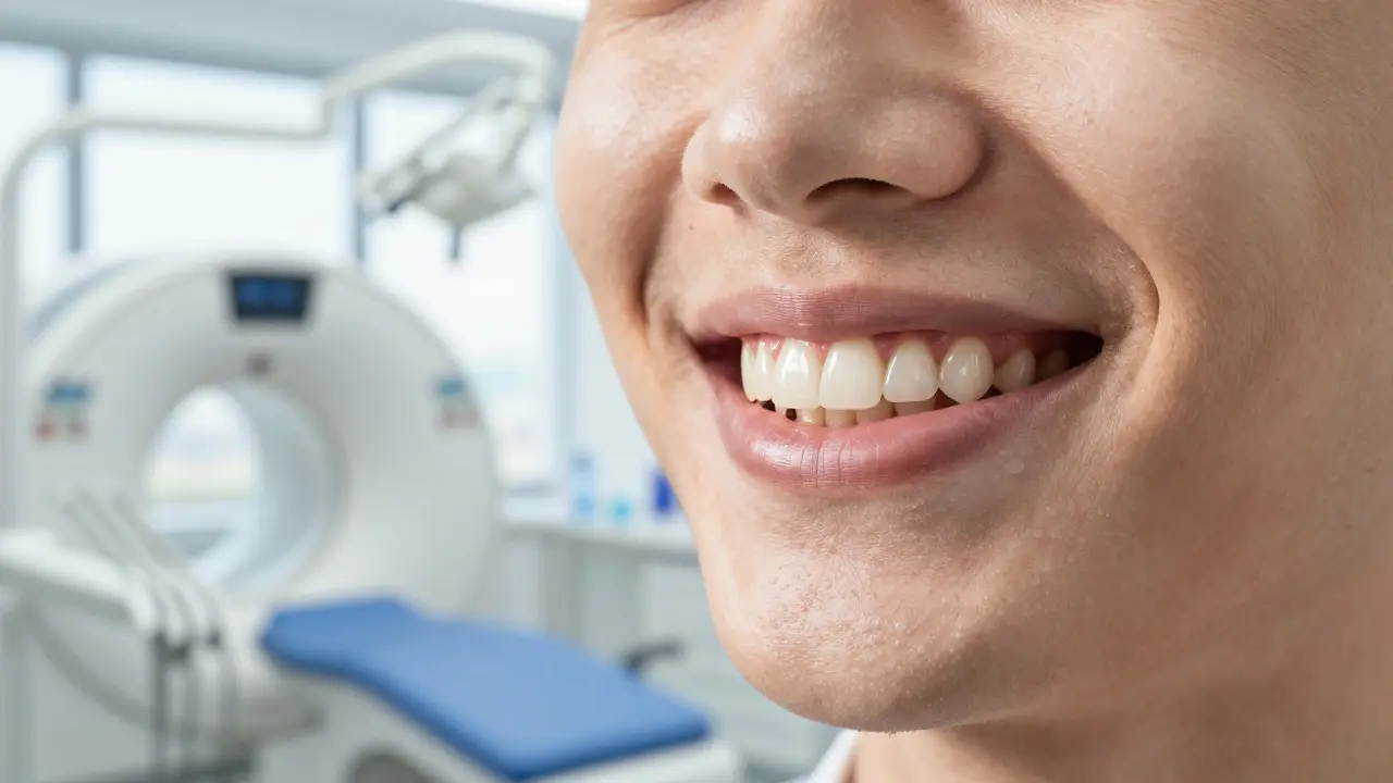 Detail zdravého úsměvu s přirozeně vypadající keramickou korunkou.