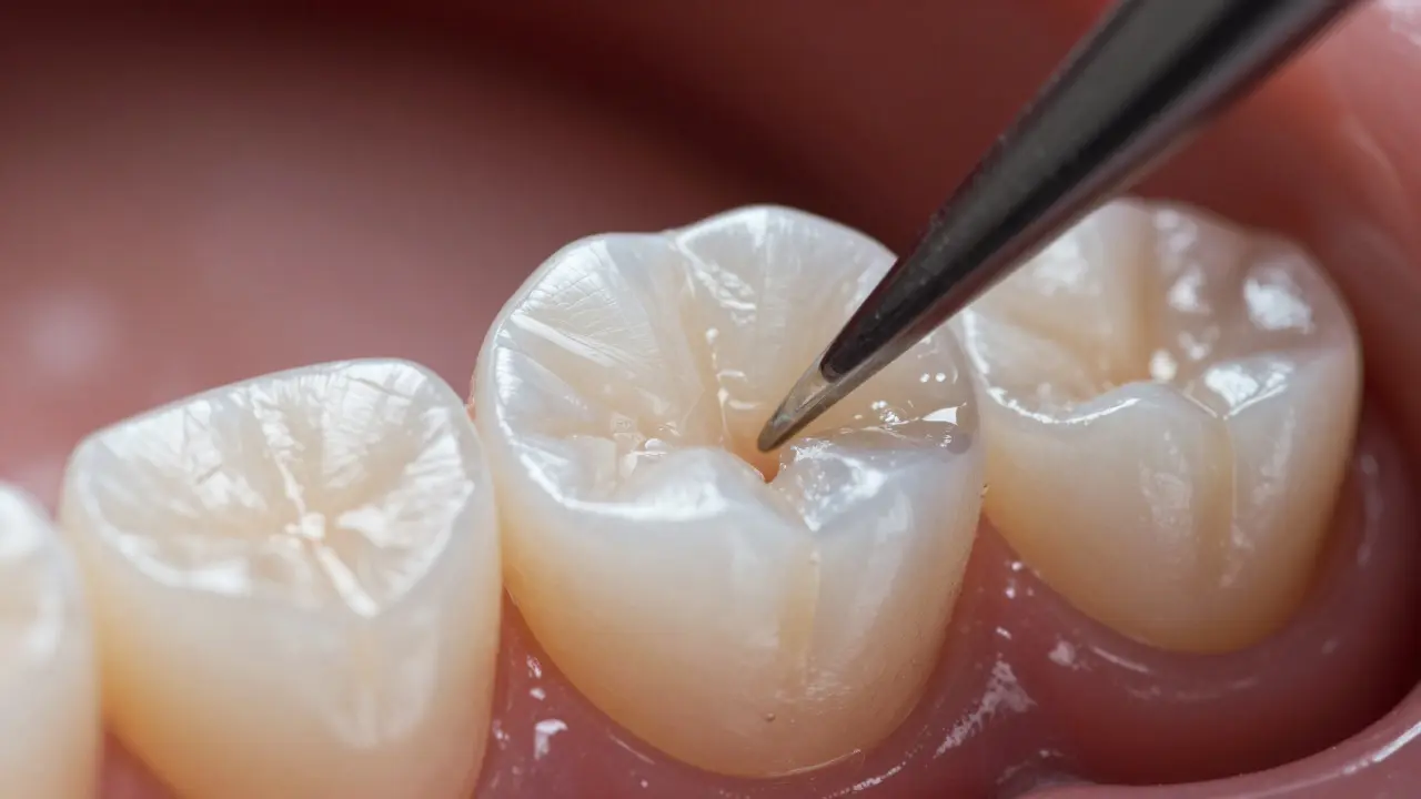 Detailní pohled na přesnou aplikaci kompozitní inlay do zubu.
