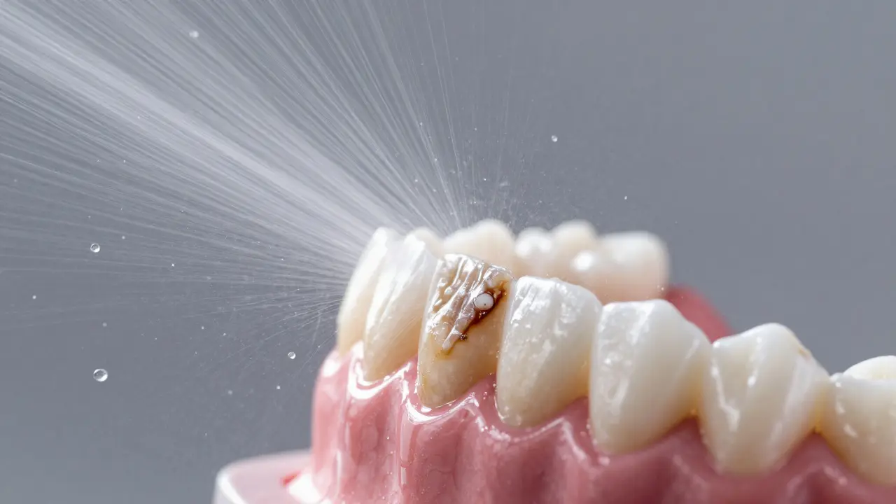 Detailní záběr na proces čištění zubů metodou airflow odstraňující skvrny.