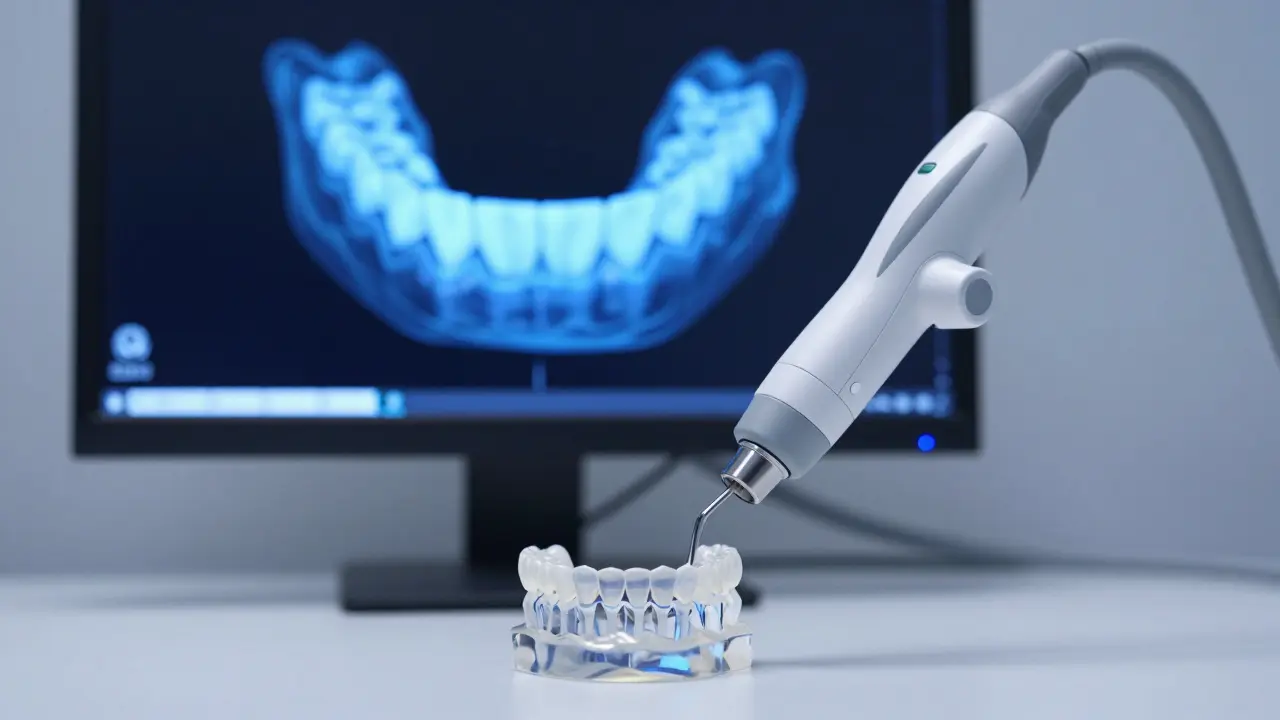 Intraorální skener vytvářející digitální 3D model čelistí pro přesnou protetiku.