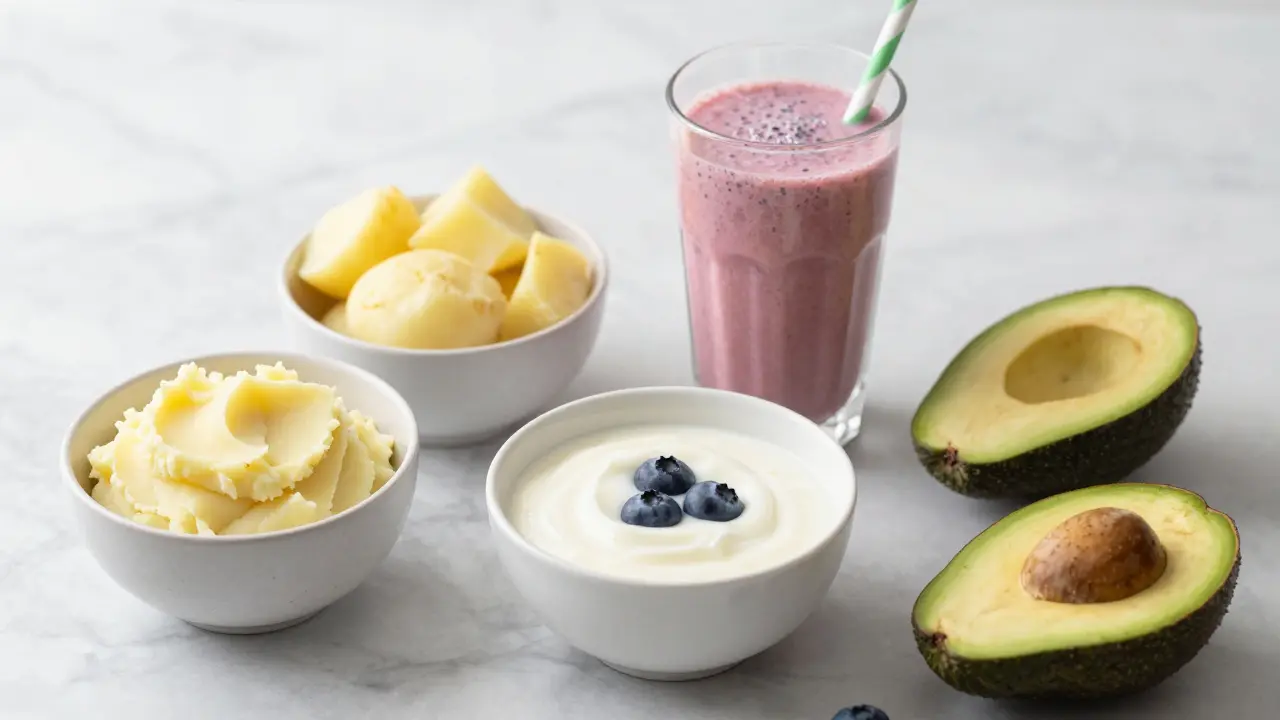 Kolekce měkkých potravin jako puré, jogurt a smoothie.