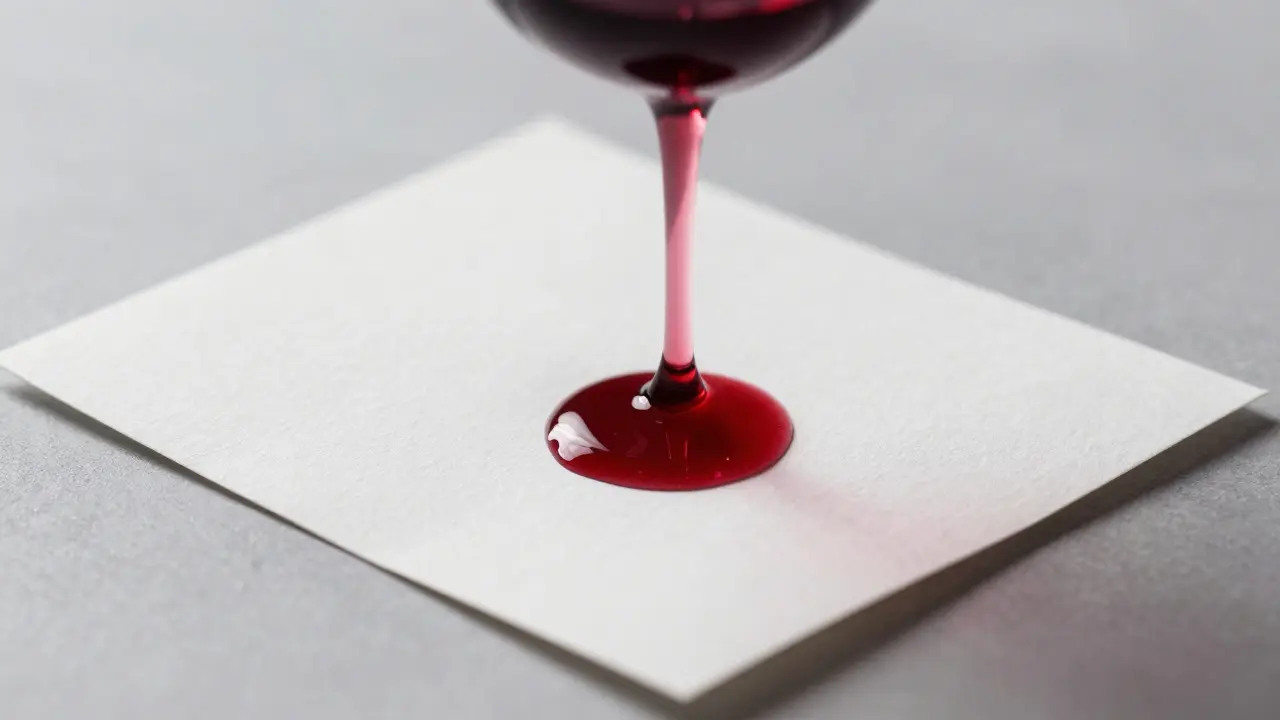 Konceptuální obraz mokrého bílého papíru a kapky červeného vína symbolizující náchylnost zubů k barvení.