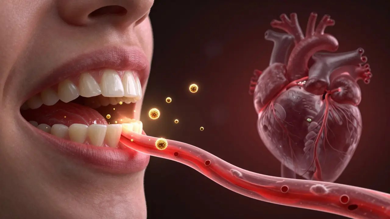 Konceptuální obraz přenosu bakterií z zánětlivých dásní do krevního oběhu k srdci.