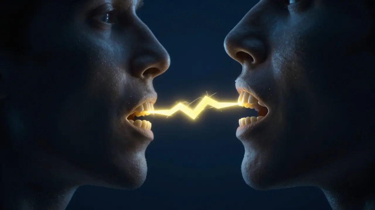 Konceptuální znázornění bolesti z převýšené plomby při skusu.