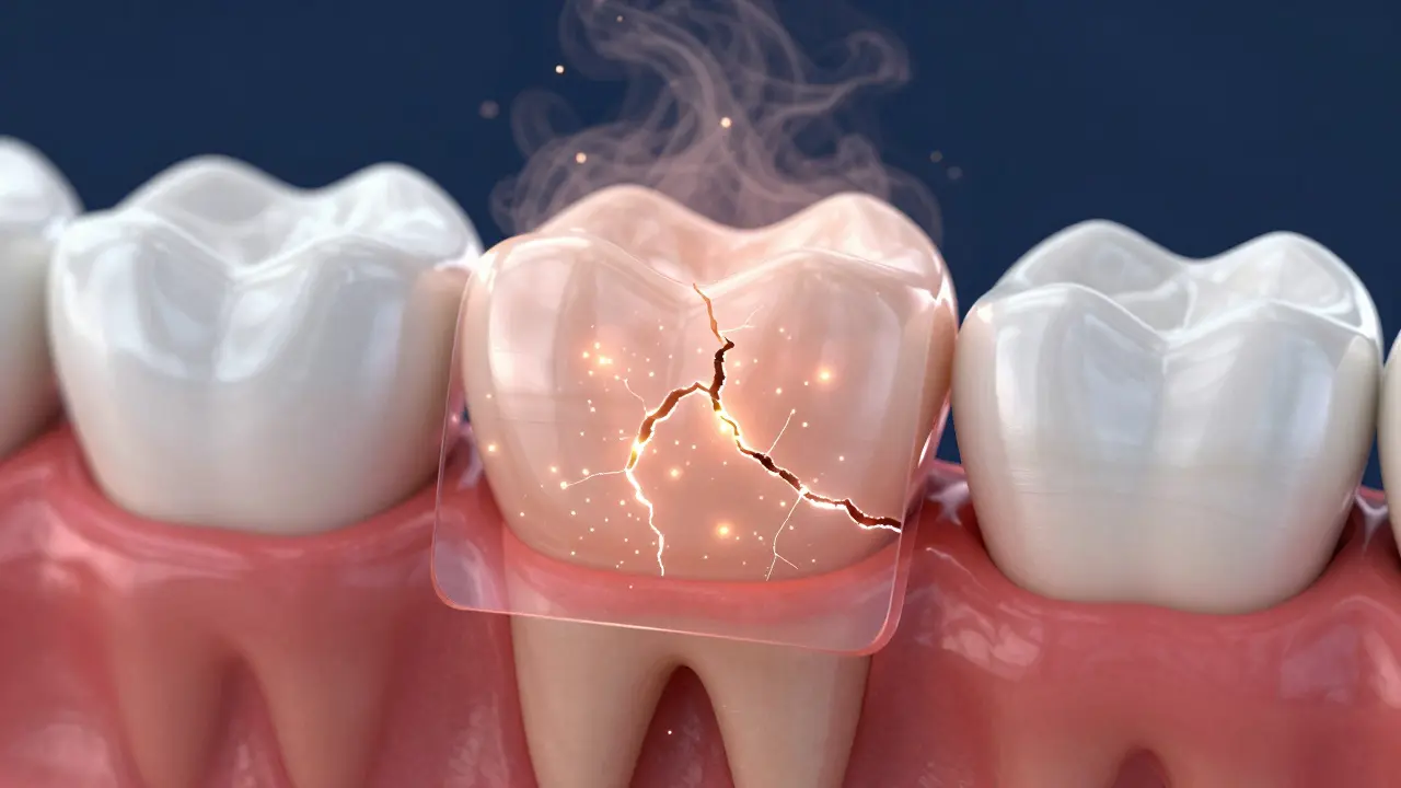 Konceptuální zobrazení fluoridů jako ochranného štítu posilujícího zubní sklovinu