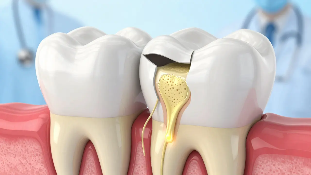 Křízový řez zubu ukazující poškozenou sklovinu a odhalený dentin.