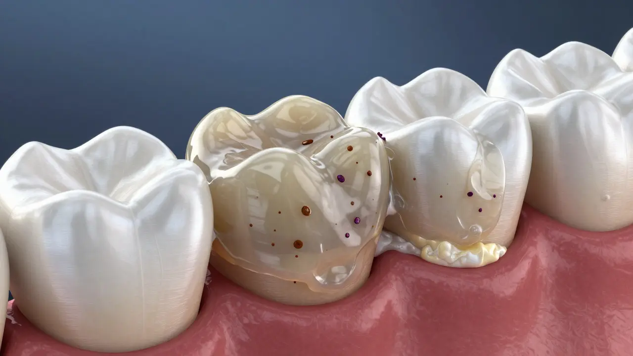 Mikroskopický pohled na zubní plak zachycující pigmenty z kávy a vína.