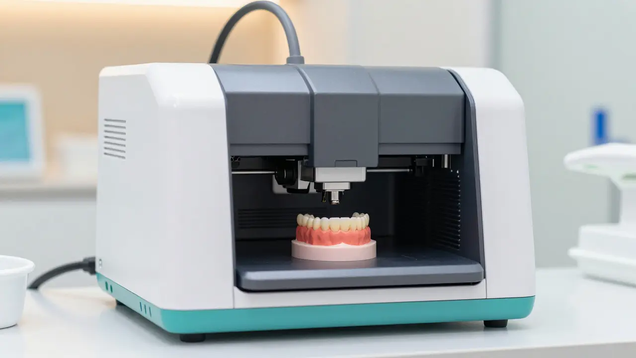 Moderní 3D tisk zubní náhrady v profesionální stomatologické ordinaci.