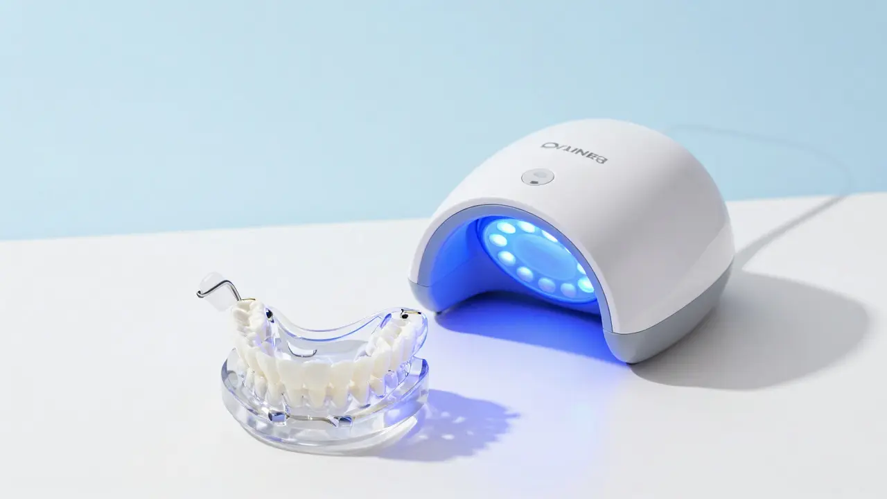 Moderní sada na bělení zubů s LED lampou a bělícím gelem.