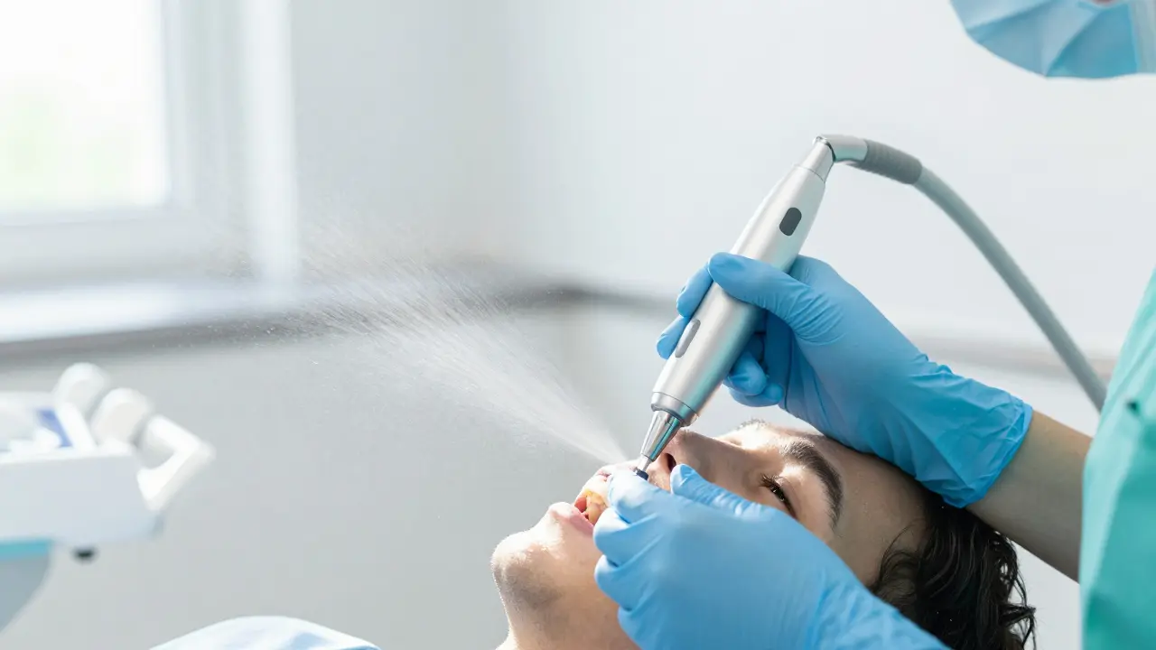 Profesionální čištění zubů pomocí ultrazvuku a Airflow v ordinaci.