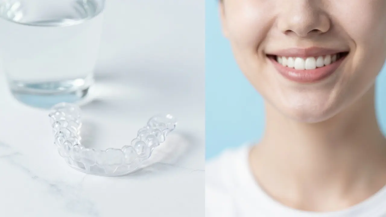 Průhledná alignery na bílém povrchu vedle úsměvu