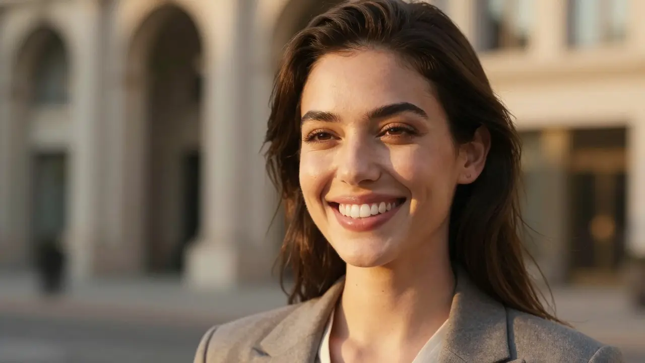 Radiózní a přirozený úsměv osoby po aplikaci estetických faset.