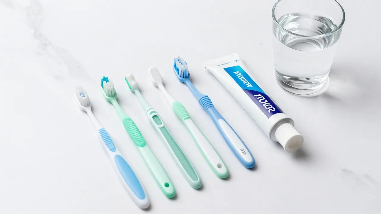 Sada mezizubních kartáčků různých velikostí, zubní pasta a sklenice vody na mramoru