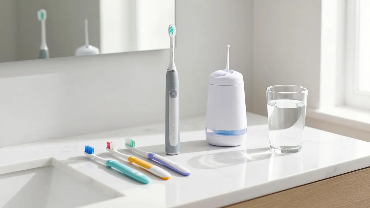 Sada moderních pomůcek pro dentální hygienu včetně sonického kartáčku a mezizubních kartáčků.