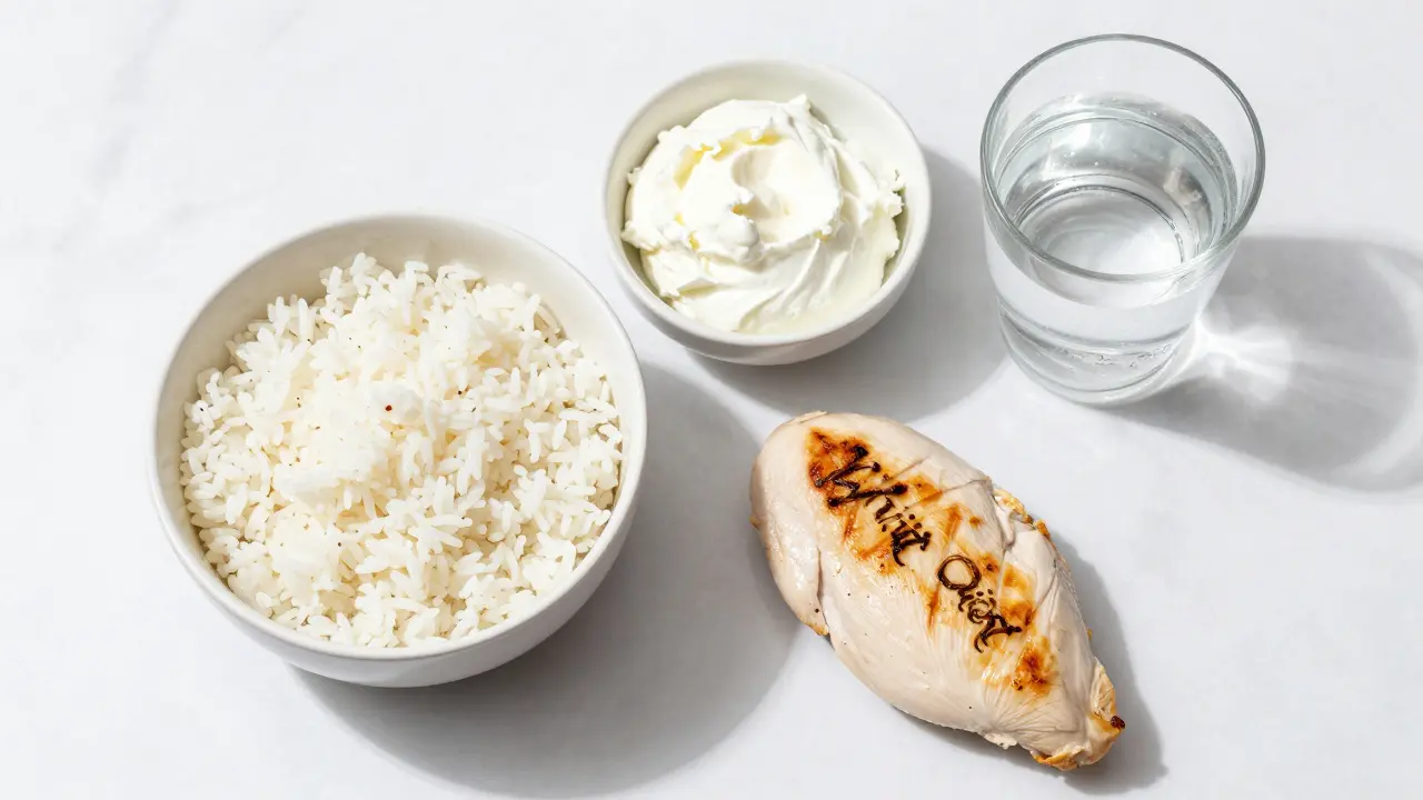 Sada potravin pro bílou dietu: rýže, kuřecí maso, sýr ricotta a čistá voda.