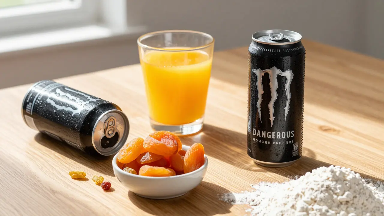 Sada potravin škodlivých pro zuby včetně citrusů, energetických nápojů a sušeného ovoce.