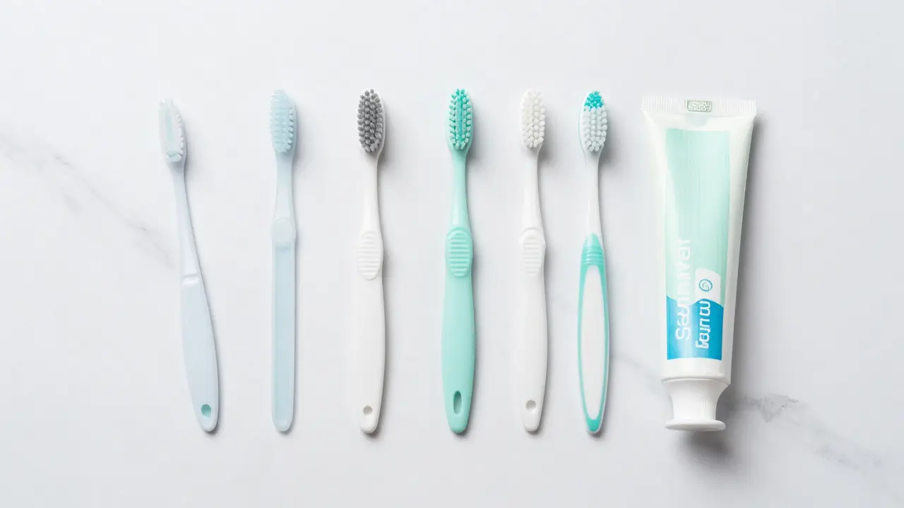 Sada pro dentální hygienu s mezizubními kartáčky a fluoridovanou pastou na mramoru.