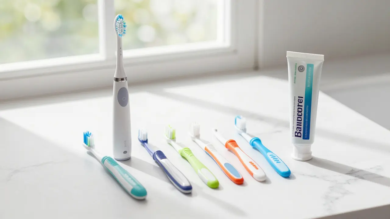 Sada pro domácí péči včetně sonického kartáčku a mezizubních kartáčků.