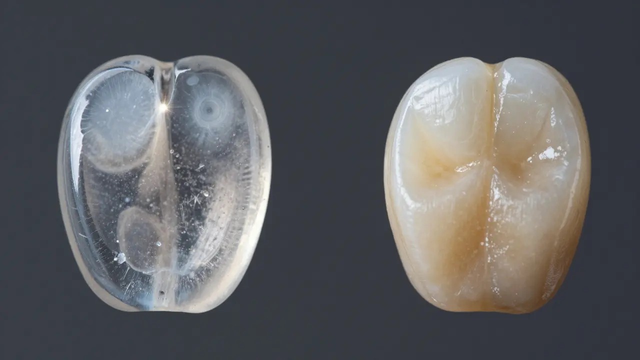 Srovnání průhledné keramické fasety a matné kompozitní fasety.
