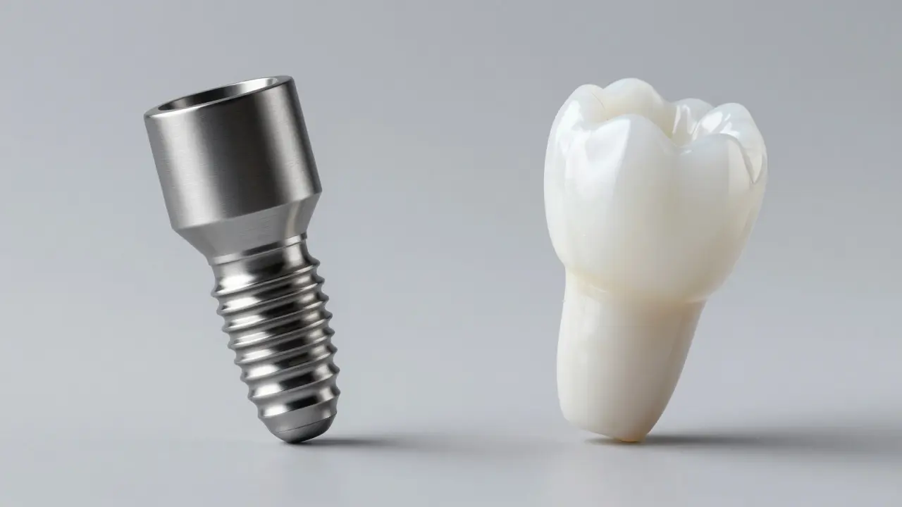 Srovnání šedého titanového a bílého zirkonového zubního implantátu.