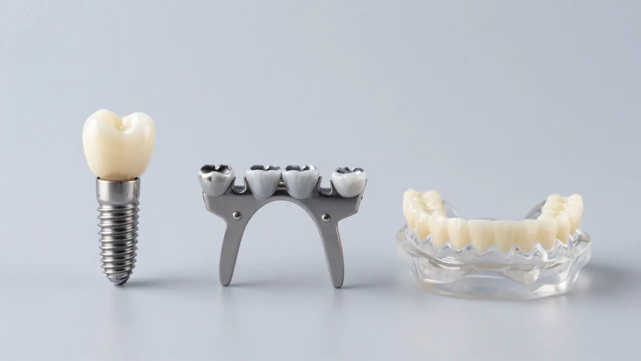 Srovnání zubního implantátu, mostu a dentální protézy na neutrálním pozadí.