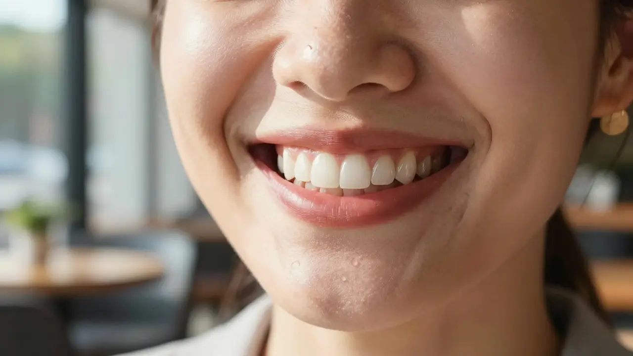 Úsměv spokojeného člověka s přirozeně vypadajícími keramickými fazetami.