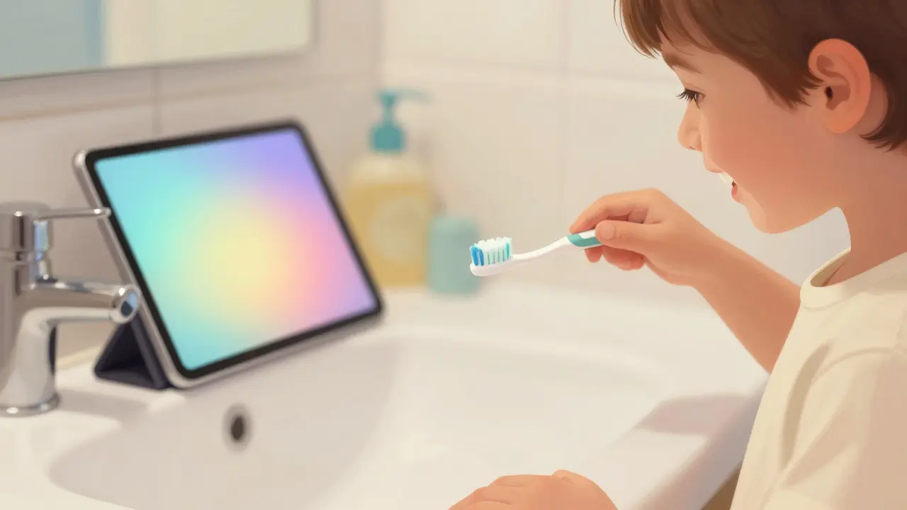 Usmívající se dítě čistící zuby v teplém světle koupelny