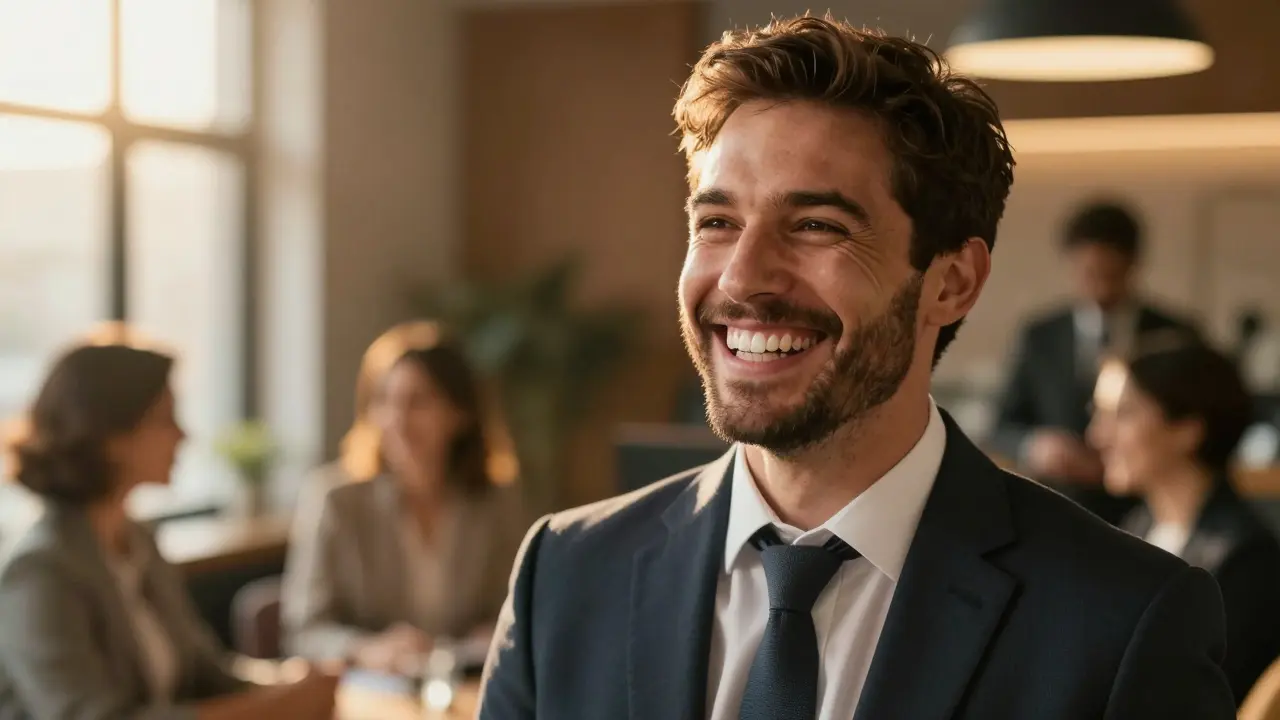 Úspěšný muž se sebevěře se širokým, přirozeným a zdravým úsměvem.