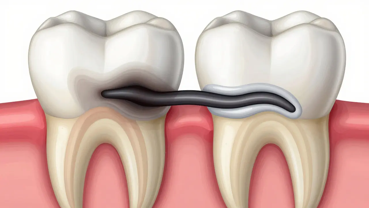 Anatomický řez zobrazující mezizubní kaz v hloubce